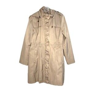 Guess Tan Ruffle Front Hooded Trench Coat‎ Women’s Large Lined Front Zip No Belt